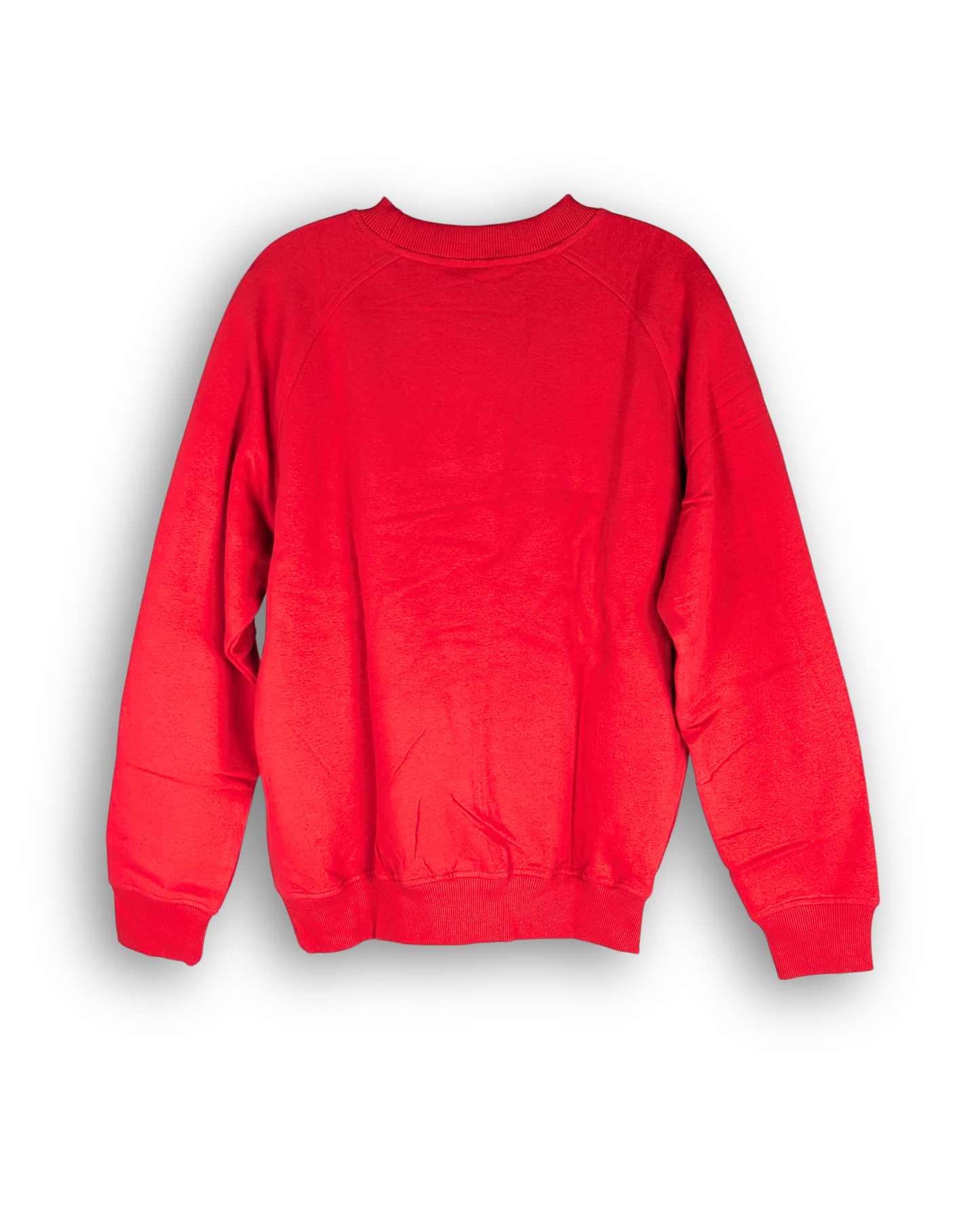 hintere ansicht eines sweatshirts in rot. weiter schnitt mit bündchen. keine applikationen. günstige auslaufware aus lagerverkauf. material aus baumwolle.