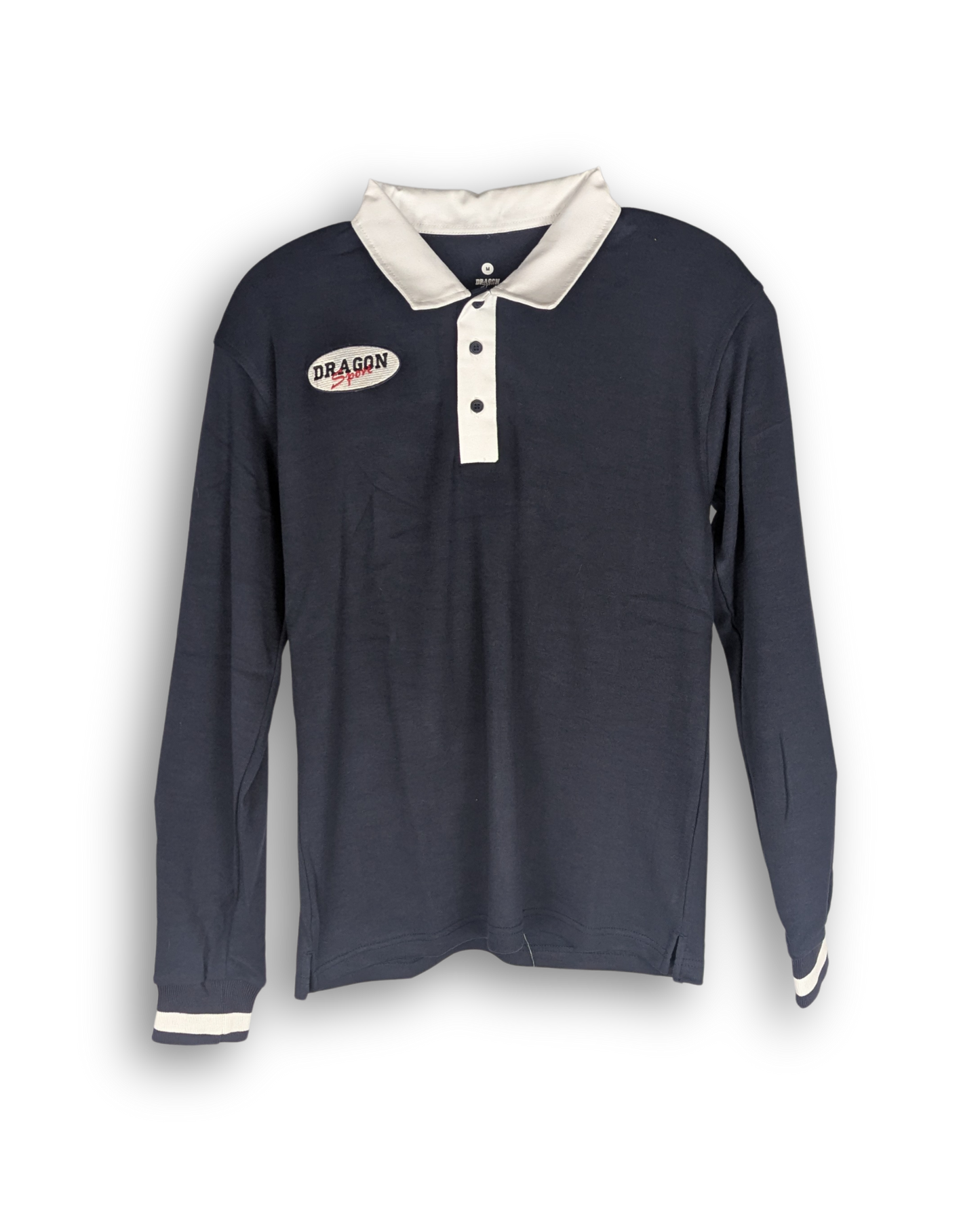 polohemd mit langen ärmeln in dunkelblauer farbe. kragen und knopfleiste in weiß. ärmel haben bündchen und auf brust ist applikation eines logos der marke dragon sport. günstige auslaufware