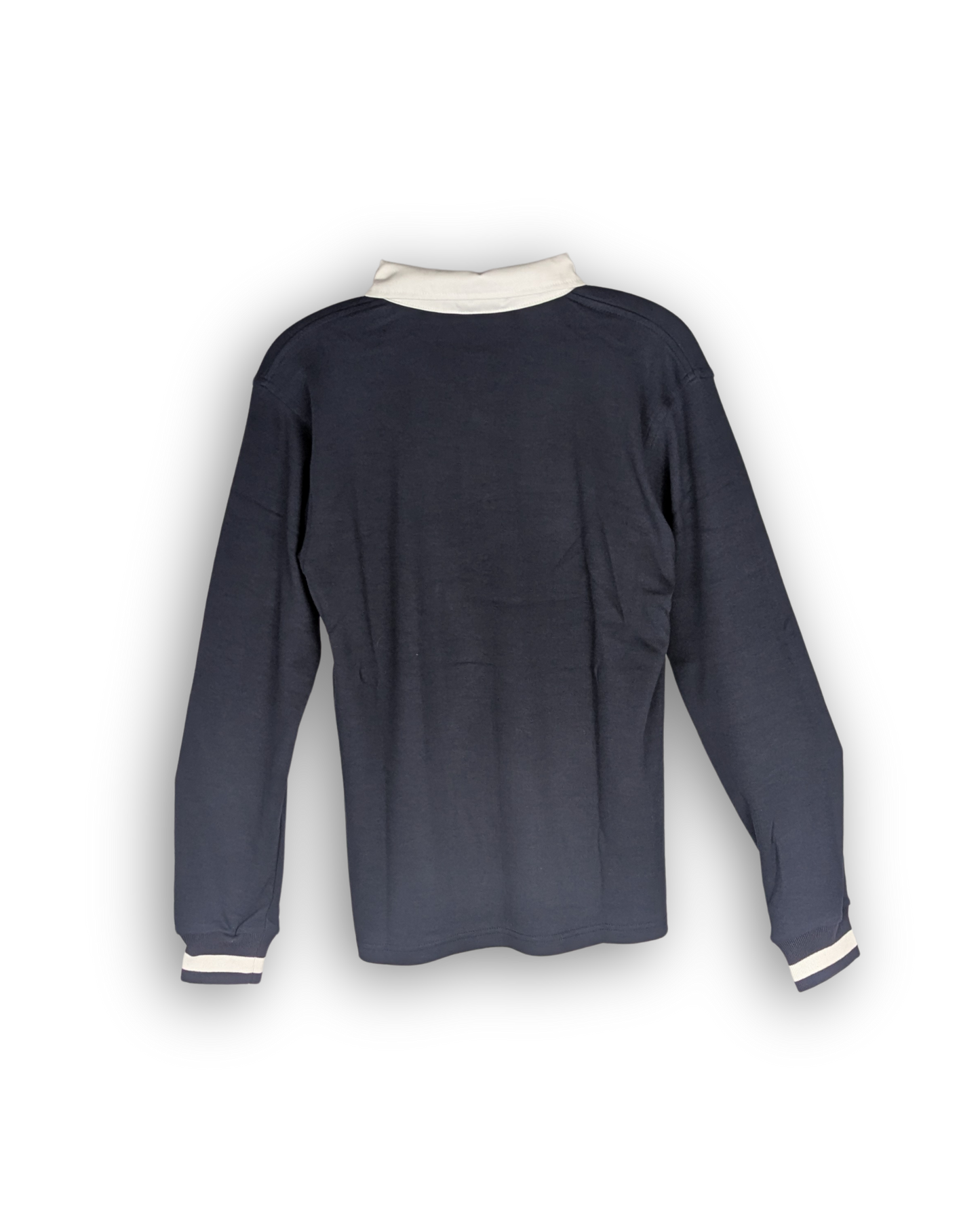 dunkelblaues poloshirt mit langen ärmeln. billige preise. lagerverkauf kleidung für männer. kragen in weiß mit bündchen an den ärmeln.