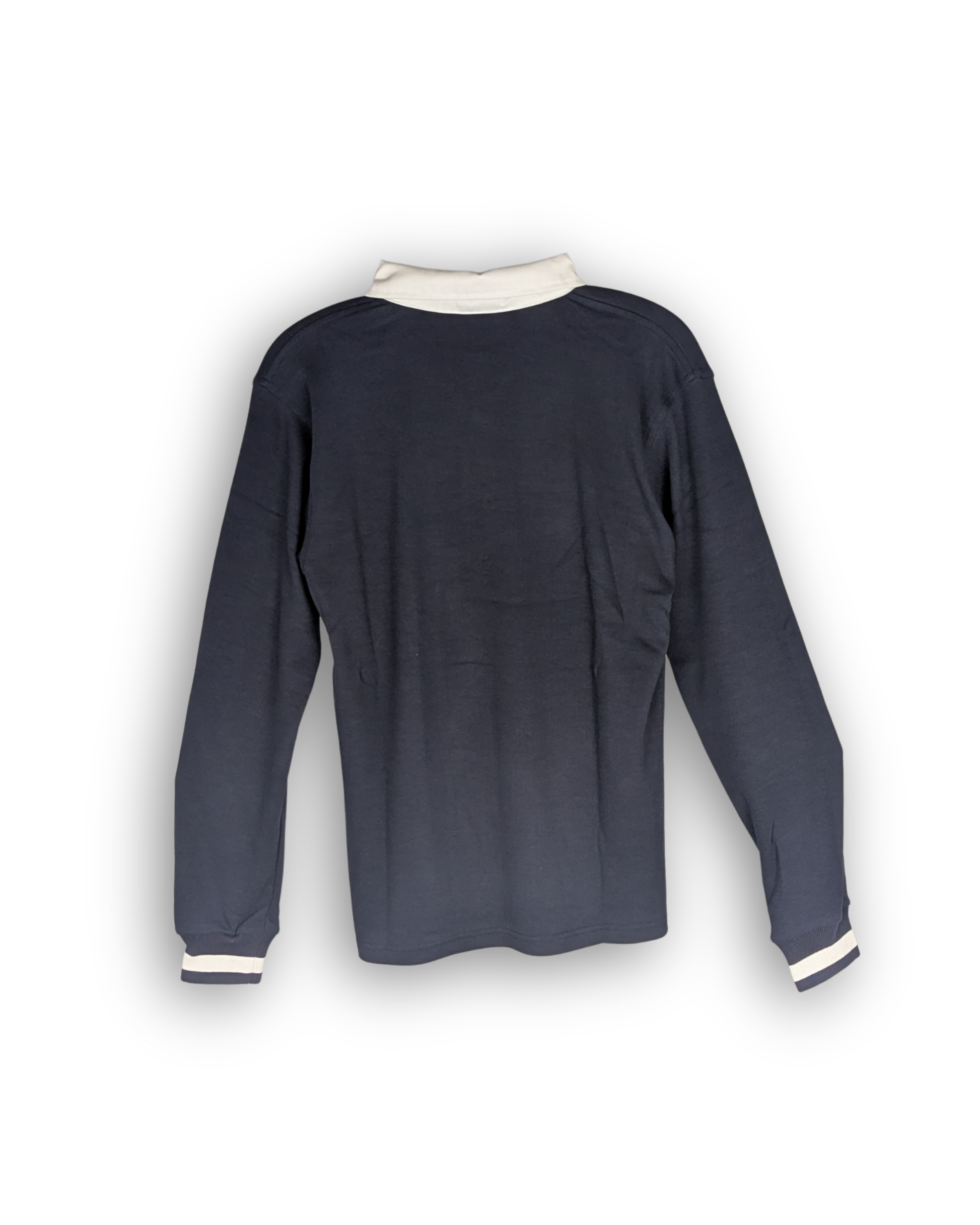 dunkelblaues poloshirt mit langen ärmeln. billige preise. lagerverkauf kleidung für männer. kragen in weiß mit bündchen an den ärmeln.