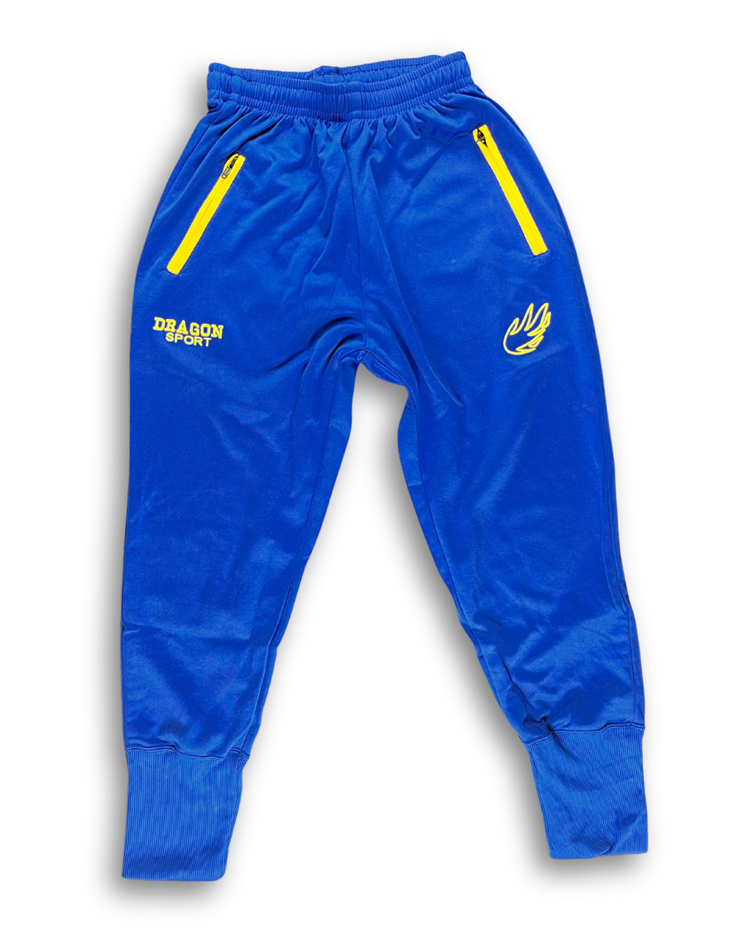 vordere ansicht trainingshose blau mit gelben streifen marke dragon sport