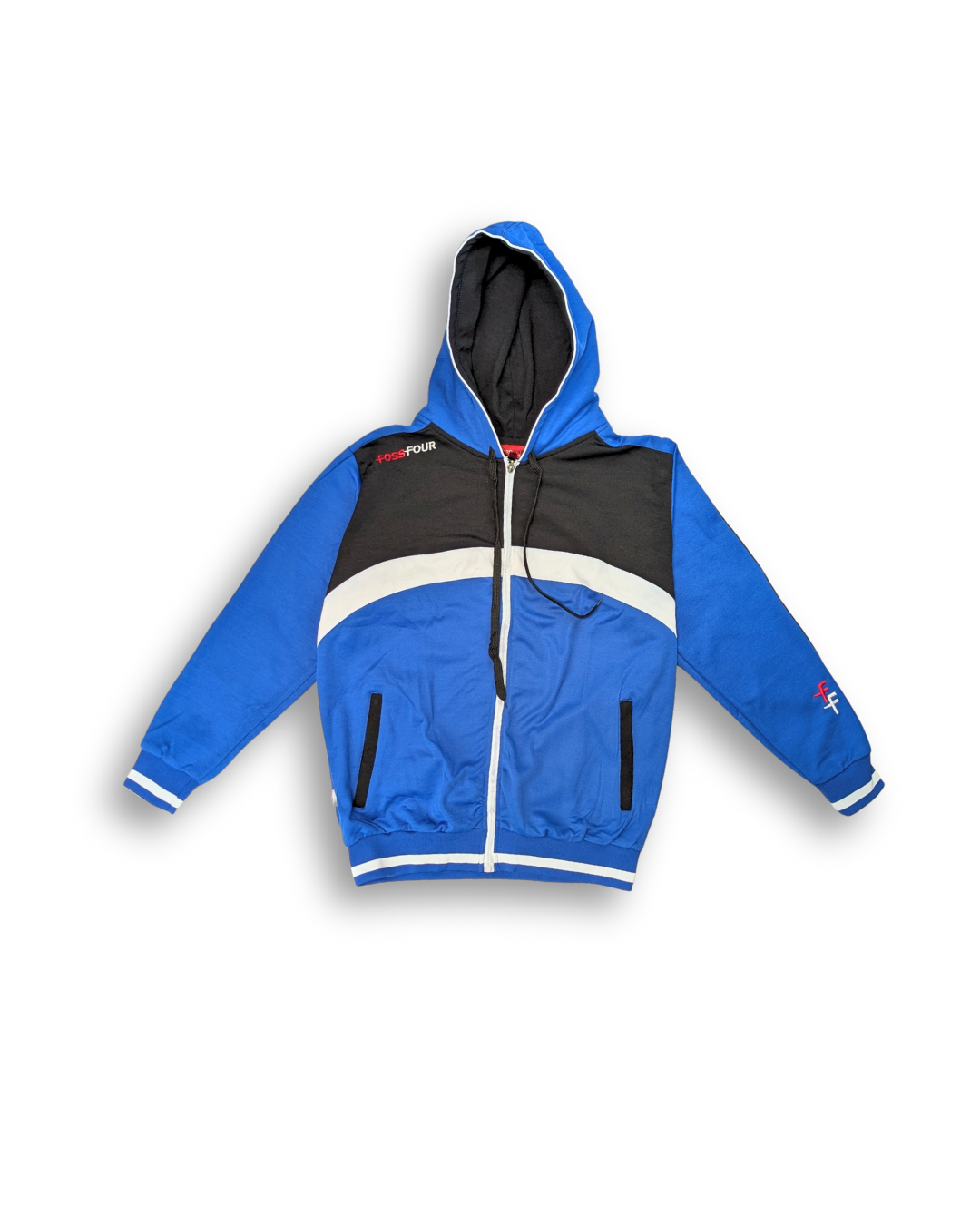 jacke vordere ansicht mit kapuze blau schwarz weiß outlet sportbekleidung