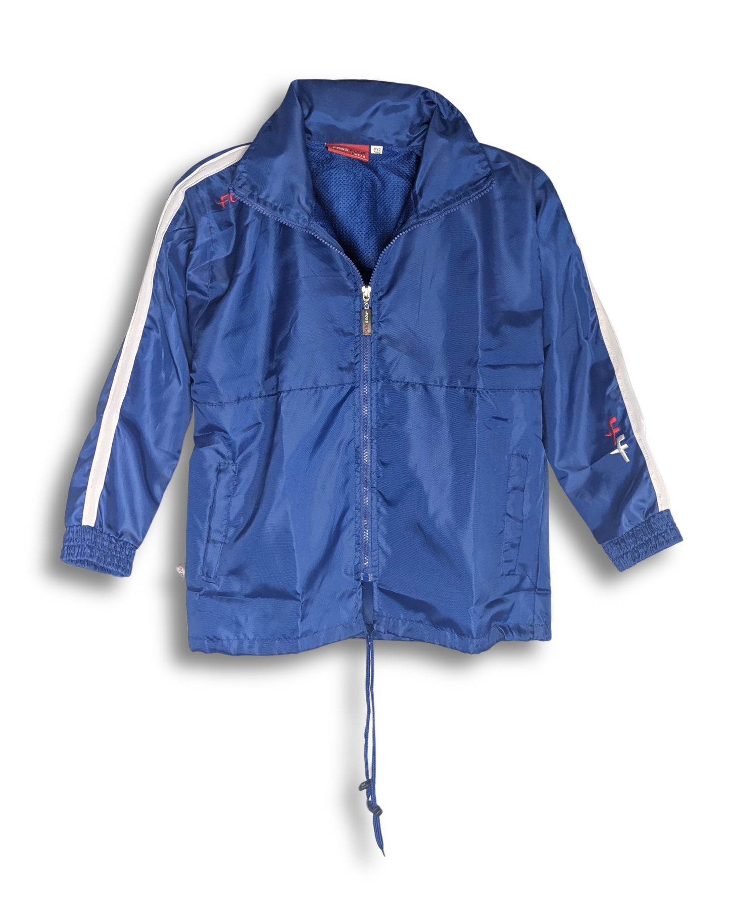 regenacke günstig marke fossfour. weißer streifen an ärmeln und mit kapuze. kapuze nicht zu sehen. bündchen innen. stabiles obermaterial und atmungsaktiv. outlet sportkleidung