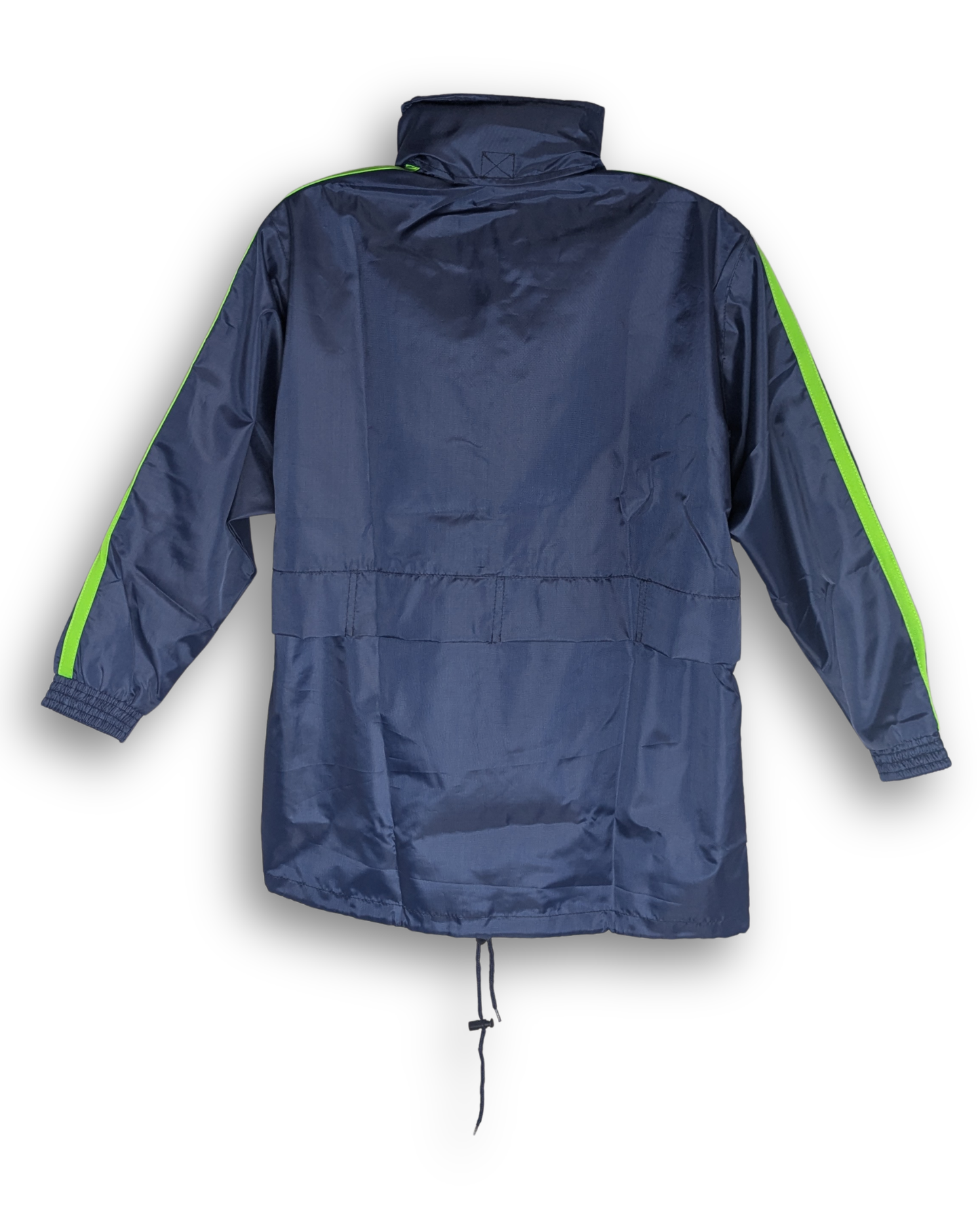 regenjacke der marke fossfour in dunkelblauer farbe. grüne streifen auf den ärmel mit bündchen innerhalb der jacke. günstige regenjacke im outlet für sportbekleidung. herrenjacke günstig.