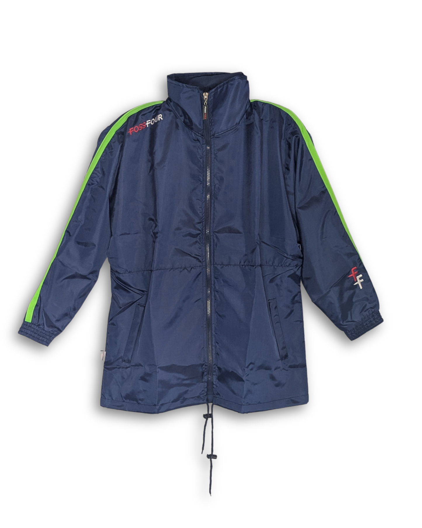 regenjacke geschlossen marke fossfour in farben dunkelblau und grünem streifen. bündchen innen mit taschen. 