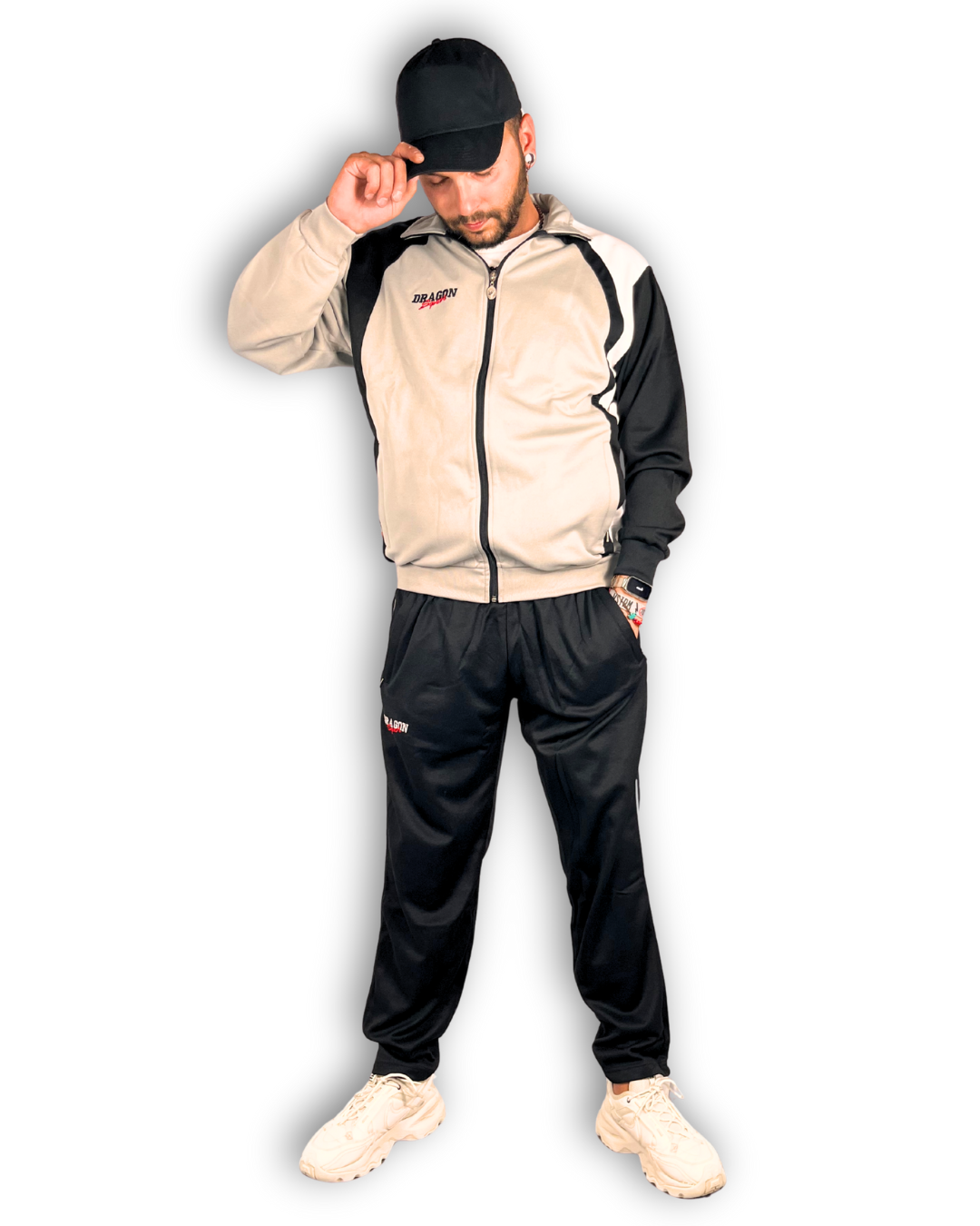 kompletter sportanzug outlet marke dragon sport graue jacke mit schwarzer hose retro