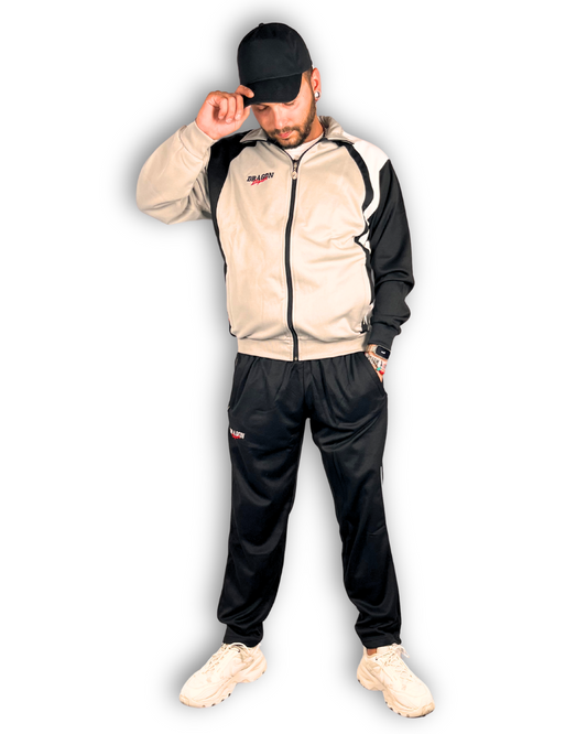 kompletter sportanzug outlet marke dragon sport graue jacke mit schwarzer hose retro