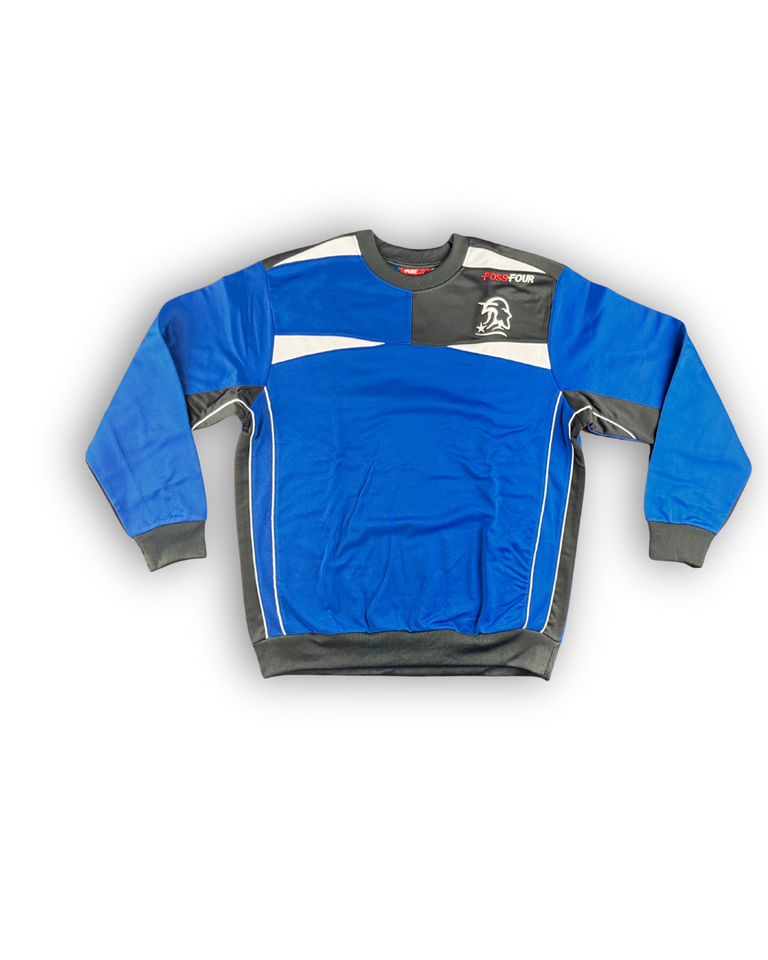 vordere ansicht sweatshirt blau weiß schwarz marke fossfour mit bündchen