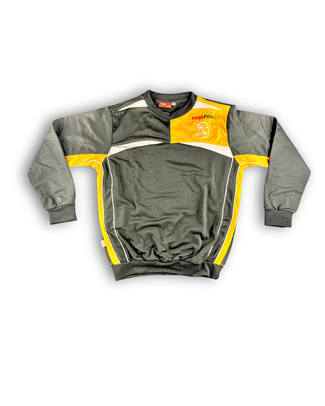 sweatshirt produkt gelb weiß schwarz vorne mit markenlogo fossfour 