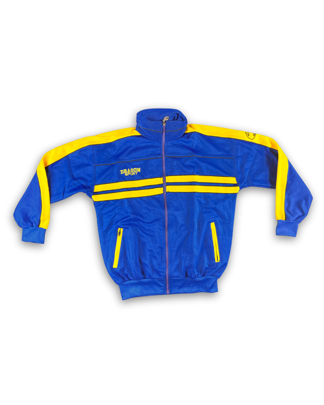 jacke training und freizeit vordere ansicht blau mit gelben streifen marke dragon sport bündchen an taille und ärmeln. 