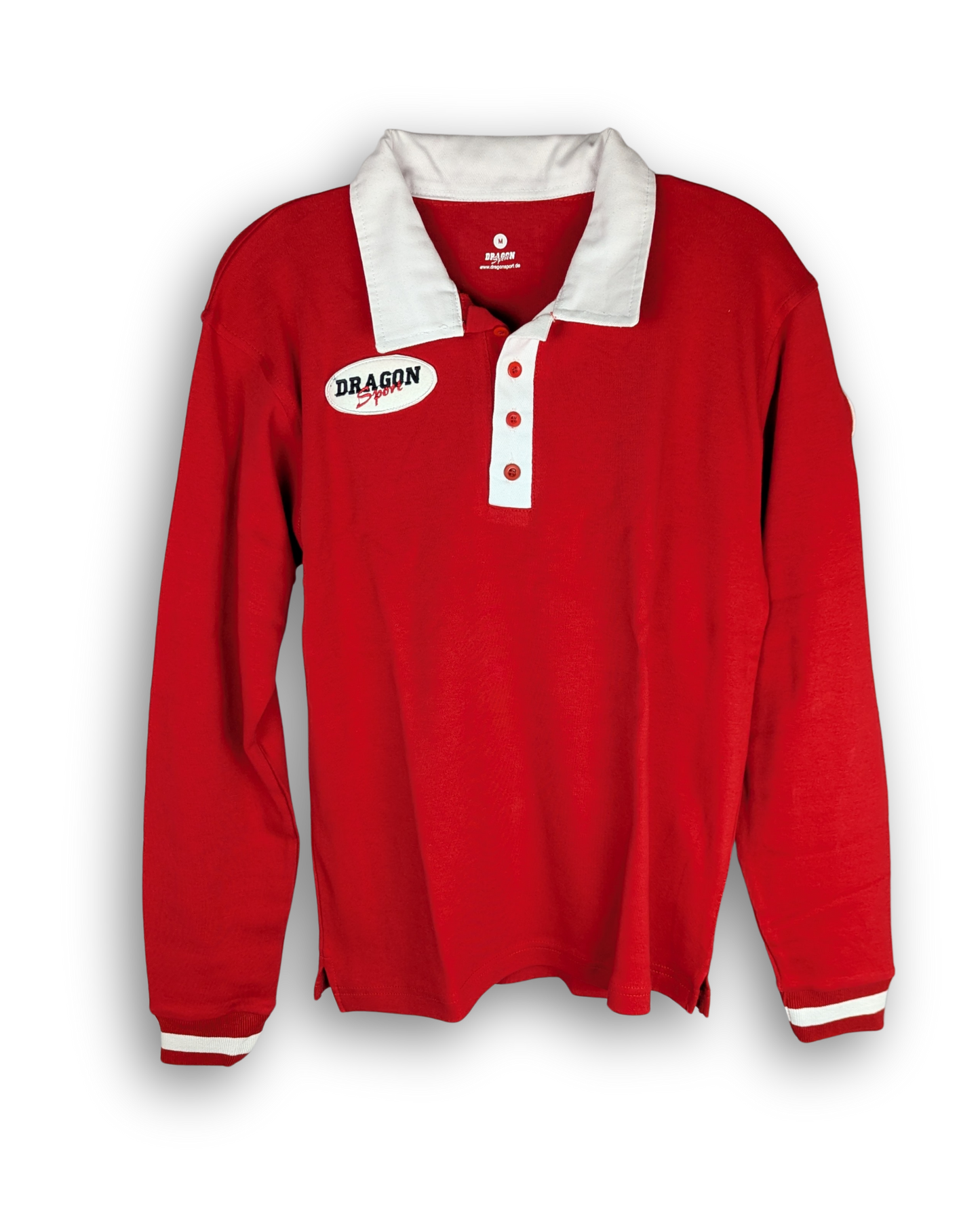 poloshirt mit langen ärmeln in rot. produkt eines lagerverkaufs. mit weißem kragen und bündchen an den ärmeln mit logo auf brust als applikation. lagerverkauf kleidung für wenig geld. preiswert und gute qualität.