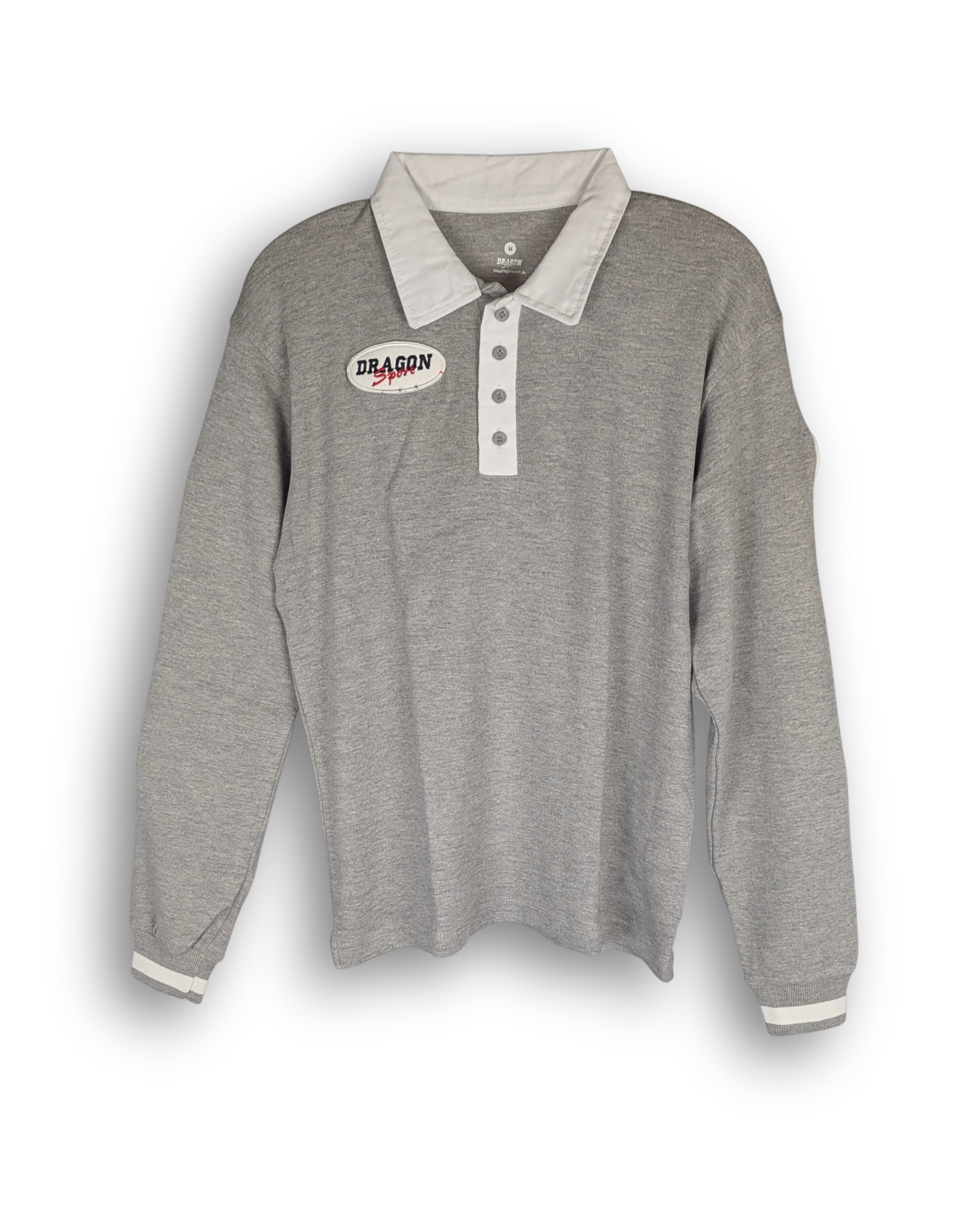 vordere ansicht eines poloshirts mit langen ärmeln. weißer kragen mit applikation auf brust mit logo der marke dragonsport. bündchen an den ärmeln. discount ware kleidung für sport und freizeit. gute sportbekleidung.